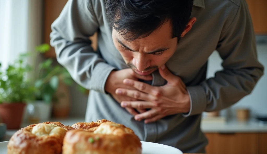 Highest quality、Overeating、A Japanese man clutching his stomach in pain