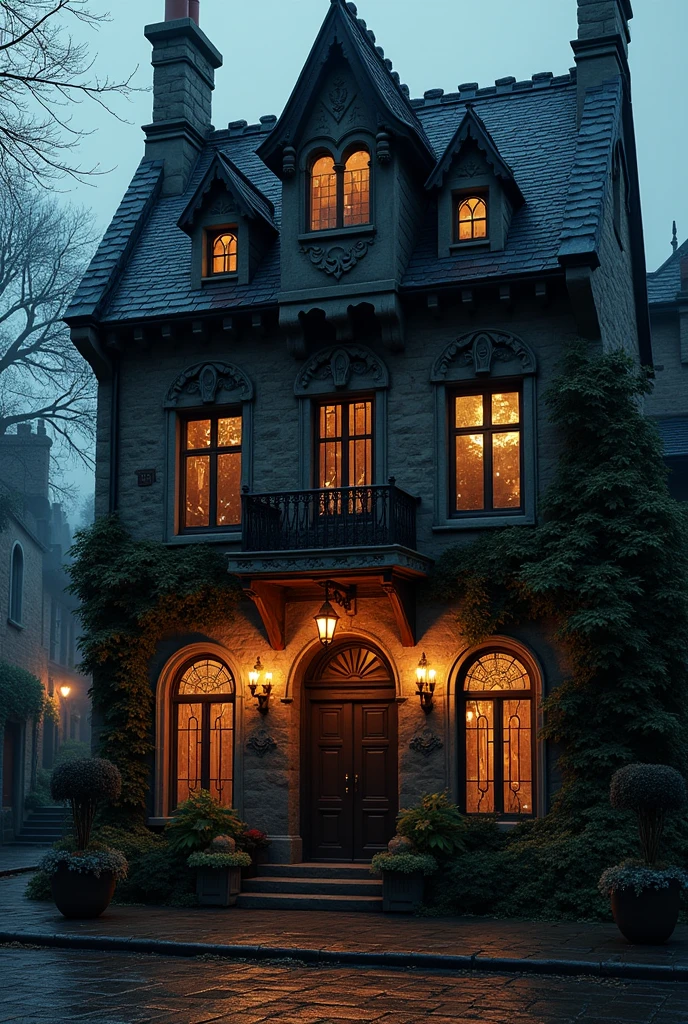 Create an image of the facade of this place Midnight Inn A dark and welcoming inn, lit by chandeliers and fireplaces that never go out. Run by an old vampire named Victor Sanguis, is known for its aged blood wine and its chilling stories.Curiosidade: They say the inn is built over an ancient crypt, and that the spirits of the warriors buried below still protect the site.