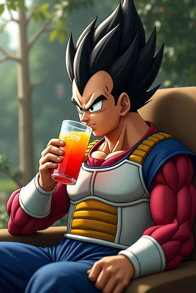 Create an image of Vegeta drinking juice from a glass that says Jaruchas printed on it