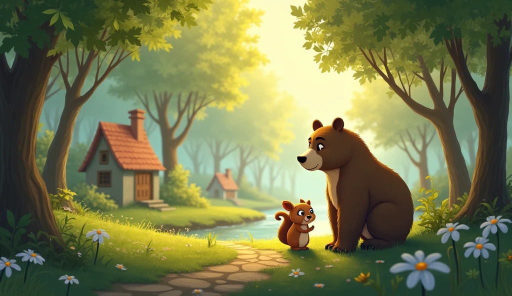 Once upon a time in a tranquil forest, Bear and Squirrel lived as neighbors."
Image: A peaceful forest with tall trees, sunlight filtering through the leaves, showing Bear and Squirrel's homes in the background.