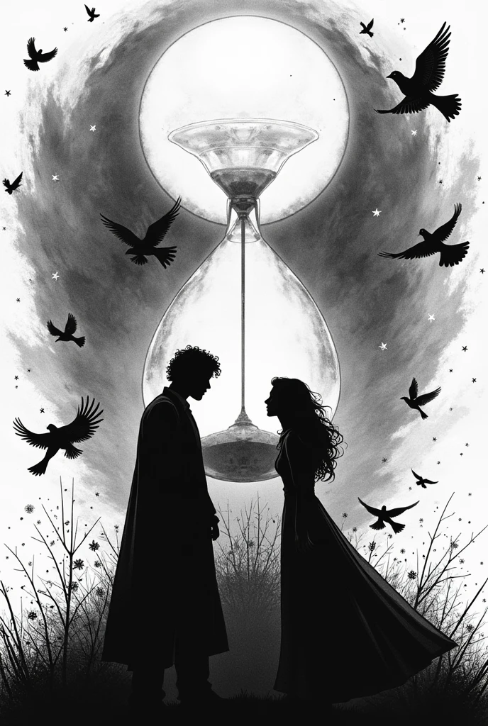 Drawing that represents Chronicles of a Death Foretold in black and white and that shows the doves and the hourglass and the death of Santiago Nasar and the love of Angela Vicario and Bayardo San Roman(only the outline of the drawing)
Outline of the drawing