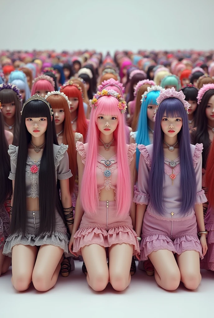 2000 long-haired Asian girls wearing realistic hirajuku kneeling for a group photo