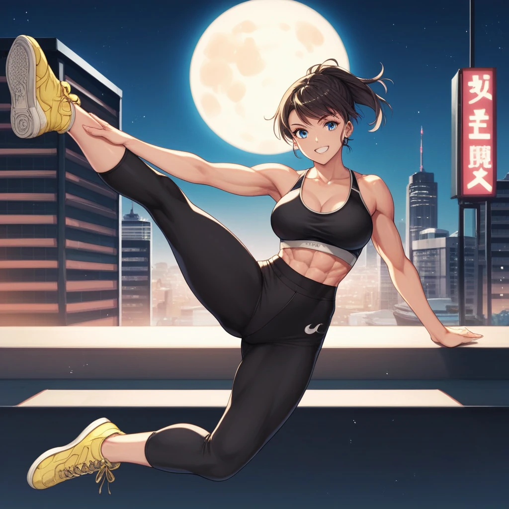 (masterpiece), woman, short hair, Ponytail Hair (Highest quality), Super Resolution, Very detailed, Perfect lighting, Athletic build, Strong and muscular, Large and firm breasts, Black Yoga Pants, Wearing a black top, Black leggings, Facial happiness, womanに焦点を当てる, Preparing for battle, blue eyes, smile, barefoot, Manhattan at night, Combat Ready, moon, Roundhouse kick