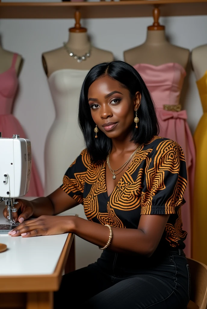 A captivating image of a beautiful dark-skinned African woman sitting and sewing on her sewing machine and looking at the camera. She is wearing a black and orange color Ankara top with black jeans and a pair of black Snickers. She is wearing a gold necklace and earrings. Her hair is a shoulder-length black hair. Images of children's ball gowns, and adult dresses are displayed on a dummy in her office. On a signboard in her office is written"Damselette Couture" correctly and boldly written