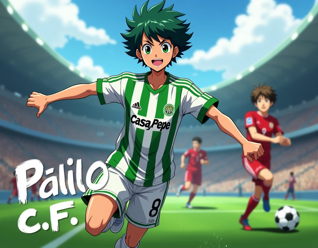 A 3D digital illustration of Tsubasa özora from the animated series. He wears a green and white vertical striped t-shirt and the text "Casa Pepe" appears in bold black letters on the t-shirt. Oliver Aton runs across the soccer field with the ball on his foot. Below appears the text "Palillo C.F" in large