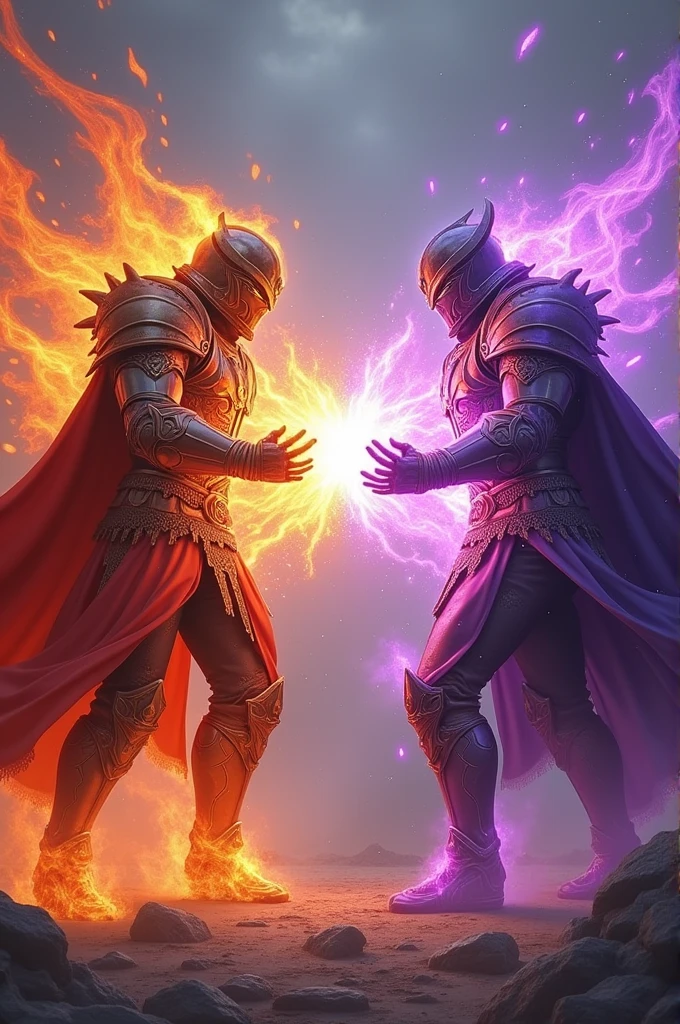A warrior in orange armor and an orange closed helmet launching a blast of lava against a warrior in purple armor and a purple closed helmet who launched a purple blast against the lava