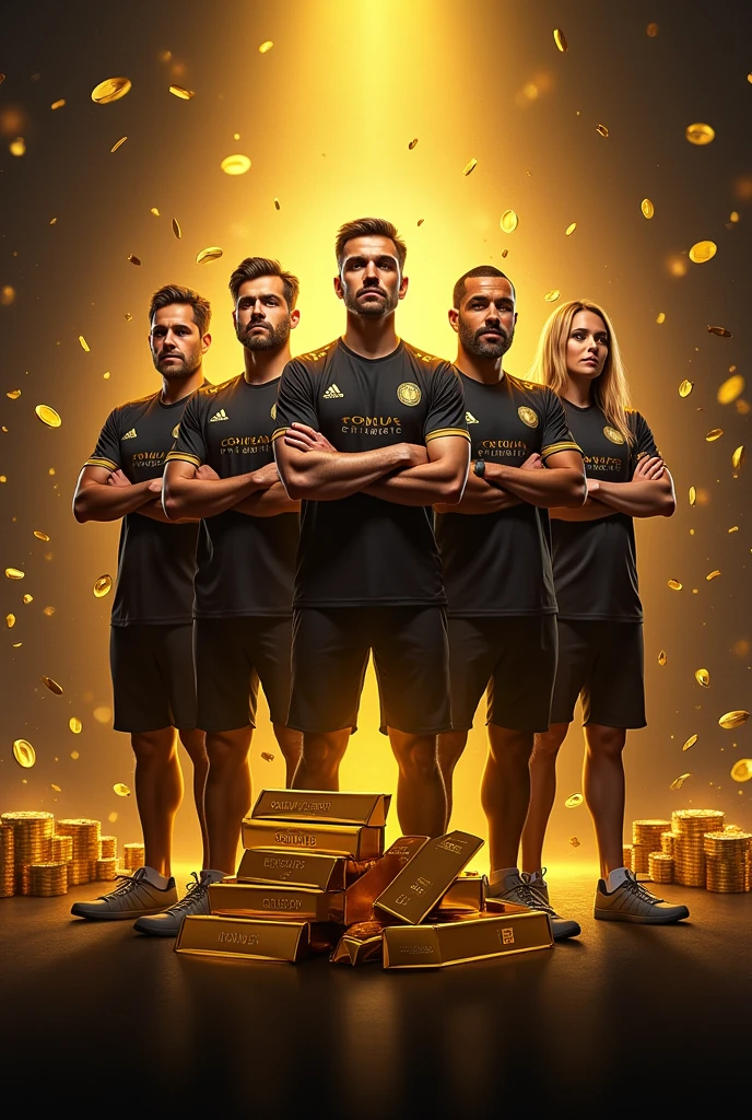 Generate an image about gold team, gold bars, money, betting platform in the size to use as a cover for a whatsapp group with the writing centralized gold team