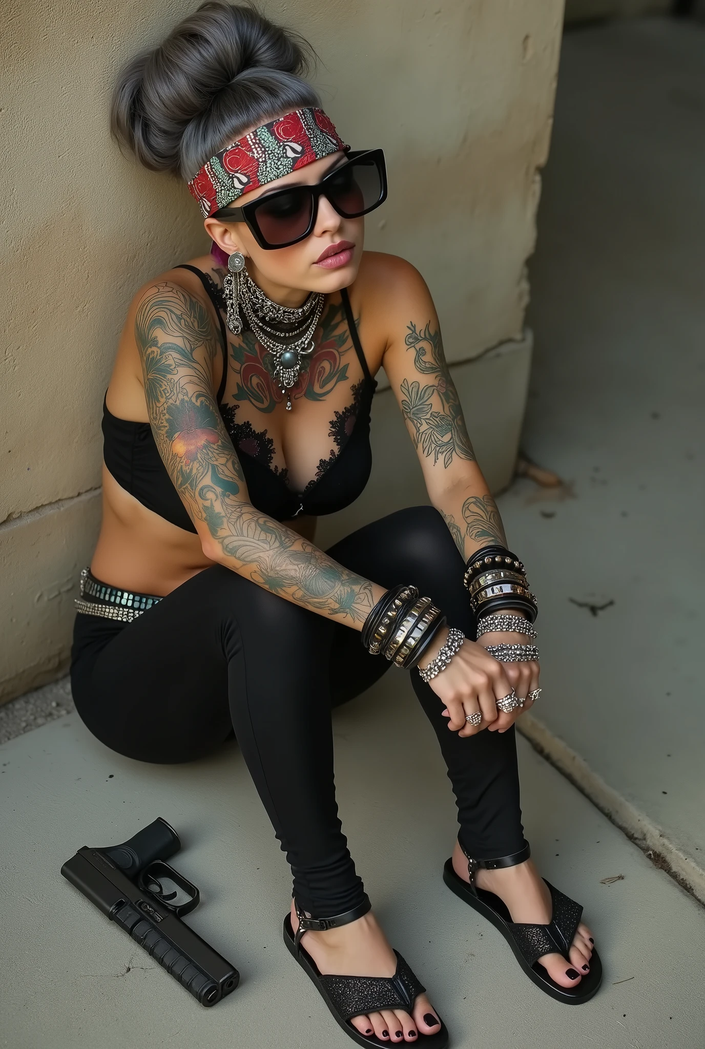 russian milf woman, grey hair (bouffant, top bun) and oversized square sunglasses and wide colourful bandana as headband, with very light green eyes, extremely pale. Big lips. Black lace push up bra, silicone breast,, black skinny leggings. Flip flops. Lots of thick wide studded bracelets, chain collars and big rings,. Additional crossed loose belts,. Long earrings with chains and feathers. Sitting on the ground with legs apart and back leaning against a wall. Neck, chest, stomach and wrists heavily tattoed. Toned abdominals, thin neck, slim legs and thin arms. Narrow hips and long legs. Exhausted, sleeping with mouth open and tilted face.. Seen from above. Pistol on the ground, next to her