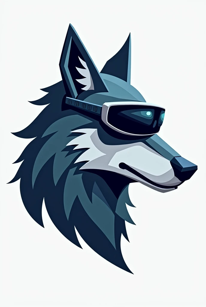 logo in 2d, wolf head with black drone goggles, 2 small antennas on the goggles, CUBISM in Blue and Silver, that the image has few details. looking to the right