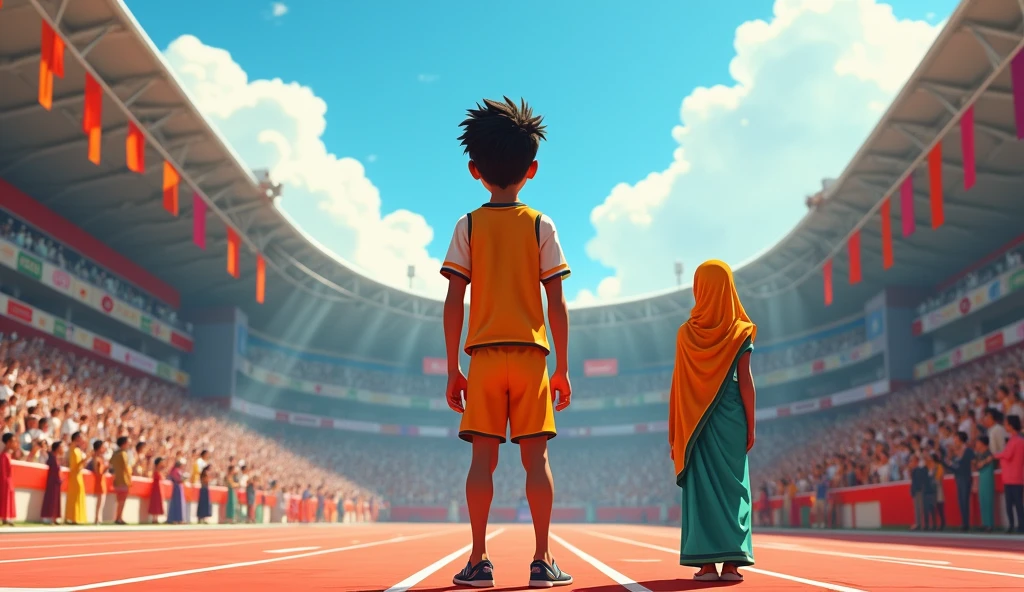 A bustling city stadium filled with spectators, colorful banners, and an energetic atmosphere. Suraj, now wearing a simple but clean sports uniform, stands at the starting line, ready to compete. His parents, dressed in modest village attire, are in the stands, cheering him on with pride and hope in their eyes