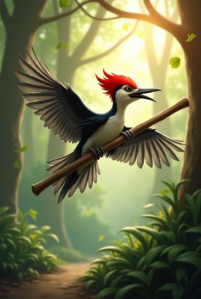 Woodpecker fly with the stick
