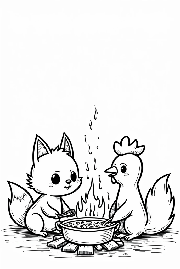 drawing of a fox and a chicken. The chicken must be cooking a nail soup and the fox must be making a fire, to a fireplace at night. The drawing must be and cannot be colored.. The chicken must look smart and the fox must look hungry and tired.. The image must be for coloring.