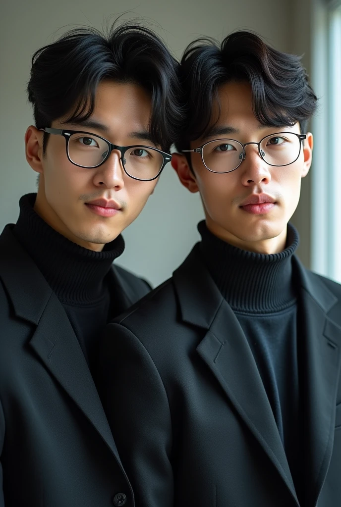 ((Identical twins)), (identical face and body)), ((Asian Male)), ((man only)), ((early 20s)), ((young)), ((Hong Konger)), ((Handsome)), ((wear glasses)), (best quality)), ((realistic)), (details))