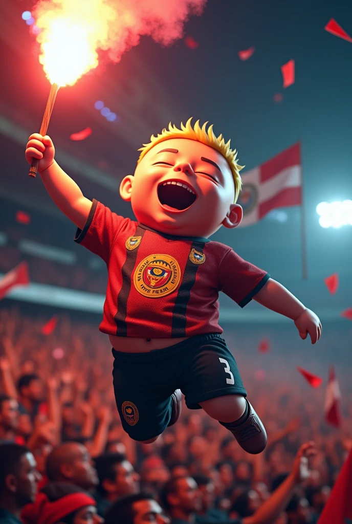 cartman, alianza lima jersey, jumping in a crowded stadium, holding a flare, eyes closed, mouth open, stadium lights, alliance lima flag, realistic, digital art