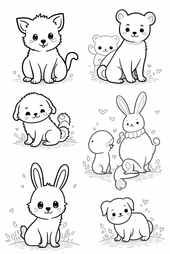 Cute animals to color in line art, white background.