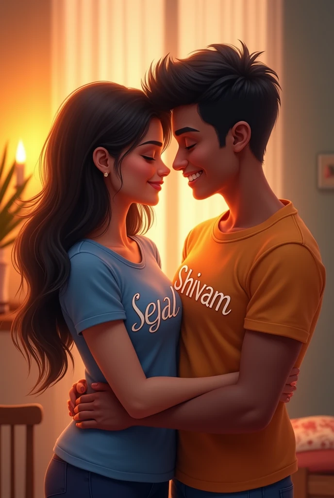 There are two friends, a man and a woman, the fat woman's t-shirt has sejal written on it and the thin man's t-shirt has Shivam written on it kiss