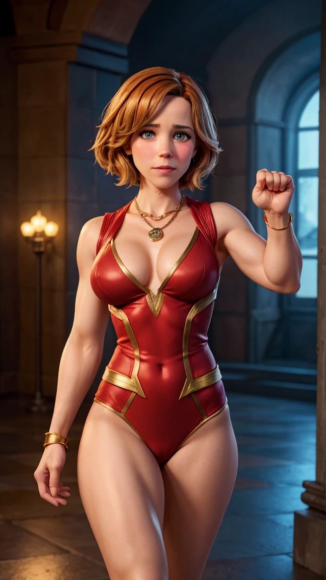((Rachel McAdams como Dra.. Strange Spell of Magical Execution)), wearing Dr... strange cover, wearing Eye of Agamotto necklace, large necklace, (dynamic pose), defined muscles, Red hair, athletic build, tight costume, Very beauthful, ((sexly, small natural breast, neckleace, pinching, camel toe)), (highly detailed skin: 1.2), serious face, beautiful face, highly detailed skin, skin pore, (high-detailed face:1.1), (highly-detailed eyes:1.1), realisitic pupils, full-face blush, fleshy lips, (Perfect Anatomia:1.1), (perfect proportions:1.1), (fot:1.1), (photorealisitic:1.1), volumetric lighting, dynamic lighting, real shadows, (high resolution:1.1), sharp focus, (realisitic, hyperrealisitic:1.4), intrikate, high détail, Dramatic, underground dispersal, vivid, polished, Spitz, 35mm, 8k