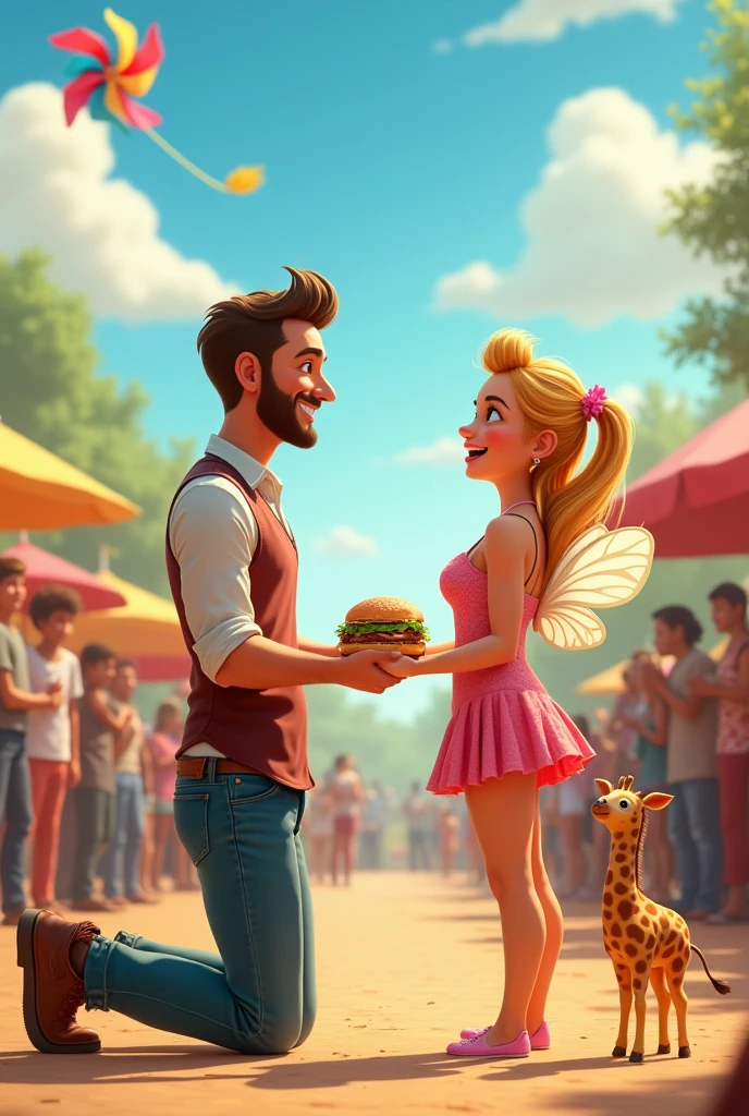On a sunny ranch, full of color, A lively burger competition takes place. In the middle, A tall man, with a big smile, He is on his knees in front of a radiant woman, which has delicate wings and an expression of surprise and happiness.
Behind them, There is a pinwheel spinning happily, adding a festive touch to the scene. Aside, A very small giraffe watches with curiosity, as if she was also excited for the special moment.
The atmosphere is full of laughter and applause from the spectators who enjoy the contest and the beautiful moment of the proposal..