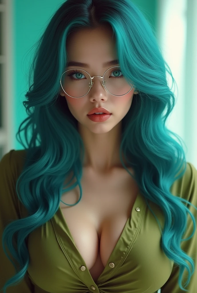 Masterpiece, (full body photo: 2), best quality, 1girl, solo, 2, adult, cyan turquoise hair, aqua eyes, voluptuous, toned, 167cm, pale skin, glasses, seductive expression, olive green tshirt vneck, jeans, cleavage, big chest , Facial description:(real ultra realistic 8k goddess of temptation with cyan coloured hair and perfect beautiful face ratio according to mathematically, perfect jawlines, perfect face cut, perfect cheek bones, ultra realistic 8k facial features, beautiful blue big realistic beautiful eyes, juicy beautiful lips, bright light, long_hair), full body sexy body photo