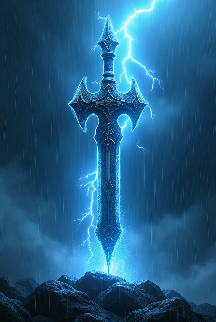 Image of Devraj Indra's vajra with blue lighting , rain and thunder