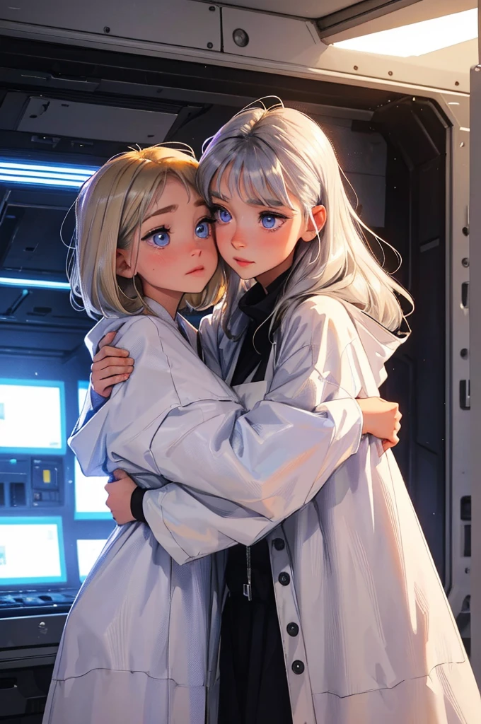 emotional, cute, sisterly love, bege and white clothing, futuristic, inside a bunker, two females hug, the taller one is a female with silver hair and purple eyes, the small one (child) is a female child with blonde hair and blue eyes.