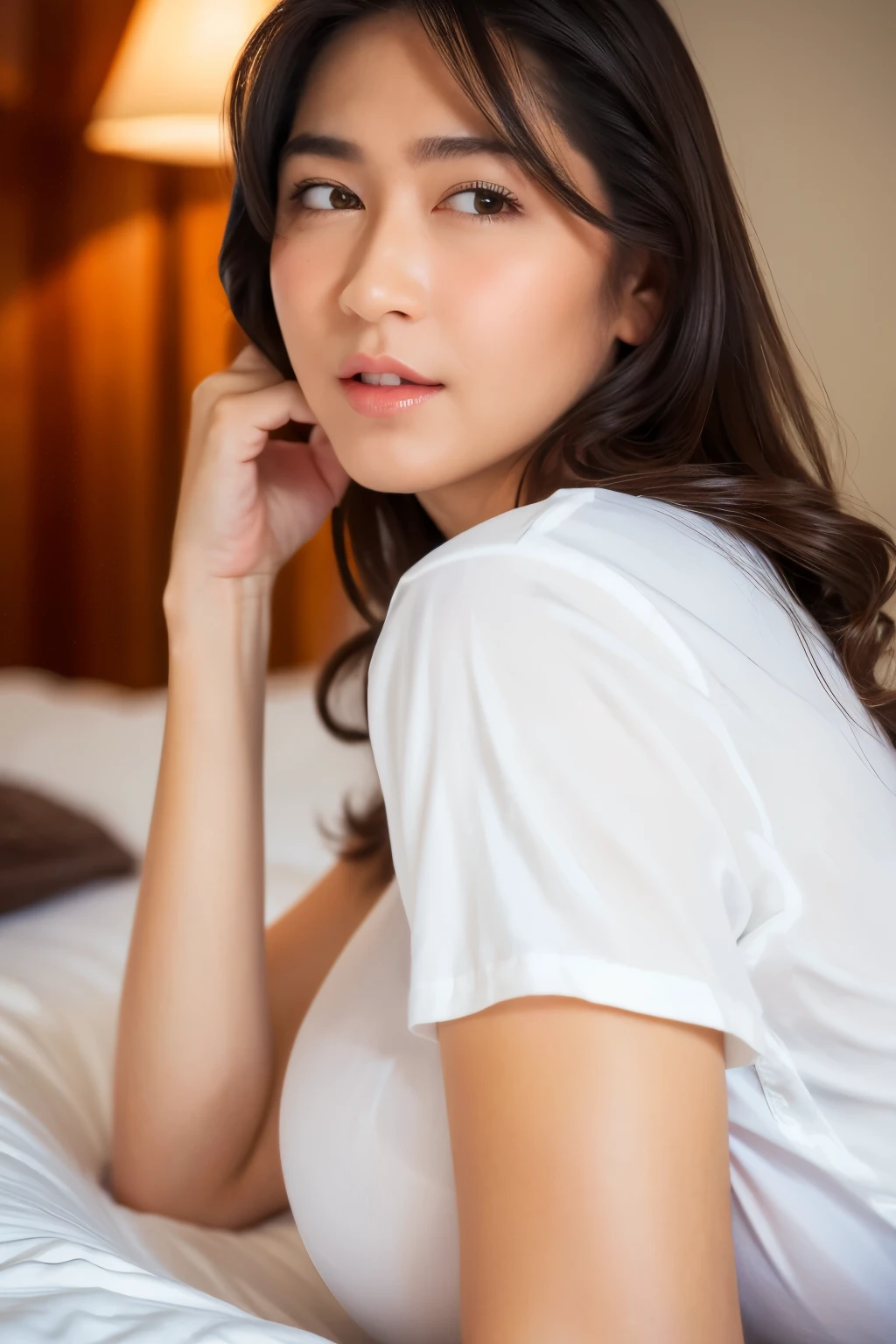 sitting on bed, spread her legs, both arms lifting her beautiful breasts, (white office shirt : 1.3), (opened shirt, topless), nipples out of her shirt, beautiful breasts, (beautiful nipples), black panties, looking at camera, front view, long hair, bangs, (detailed face), at bedroom, tempting pose, potrait body, (mouth closed), smiling, black eyes, 1 girl, 20yo,Young female,Beautiful Finger,Beautiful long legs,Beautiful body, Beautiful Nose,Beautiful character design, perfect eyes, perfect face,expressive eyes,perfect balance, (looking at viewer), official art,extremely detailed CG unity 8k wallpaper, perfect lighting,Colorful, Bright_Front_face_Lighting,White skin, (masterpiece:1.0),(best_quality:1.0), ultra high res,4K,ultra-detailed, photography, 8K, HDR, highres, absurdres:1.2, Kodak portra 400, film grain, bokeh:1.2, lens flare, (vibrant_color:1.2),professional photograph, (Beautiful,huge_Breasts:1.4), (beautiful_face:1.5),(narrow_waist)