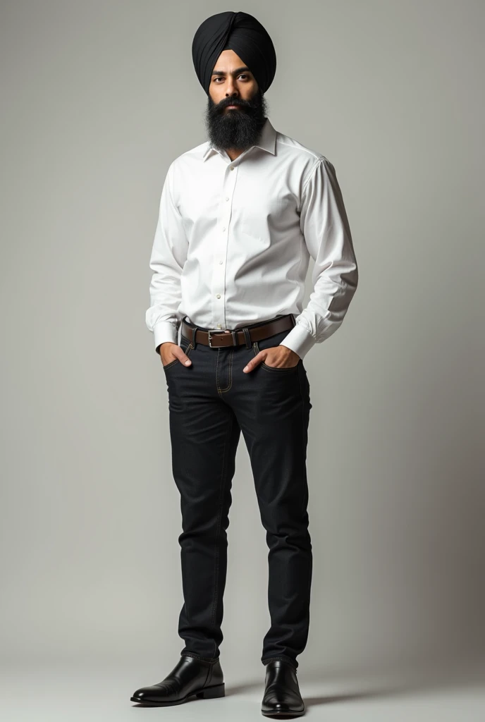 A sardar man wearing black turban  , white shirt and jeans , chalsea shoes 