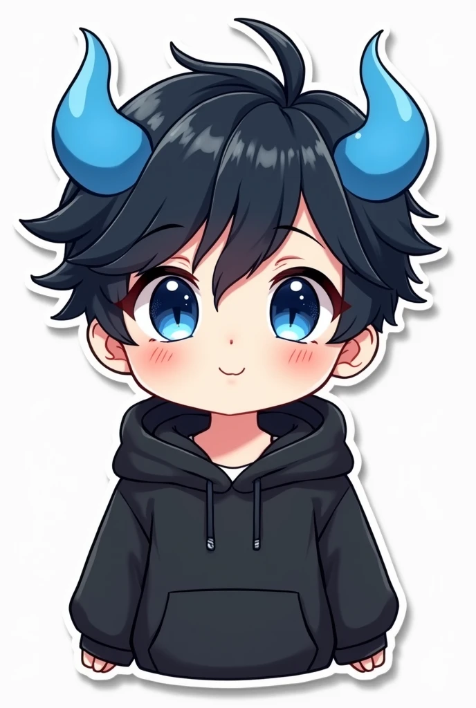 Sticker Cute Chibi Boy black hair blue eyes two blue horns with black hoodie
