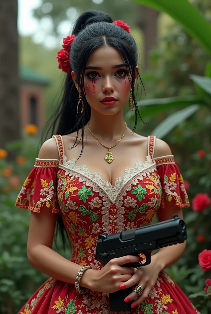 Chola crying in a Mexican style wedding dress with a gun 
