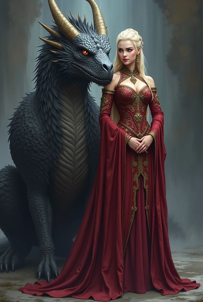 2D, anime style, Game of thrones style, Regal Daenerys in intricate attire, her dragon by her side, exuding power and grace, against a moody backdrop that highlights their strength and bond