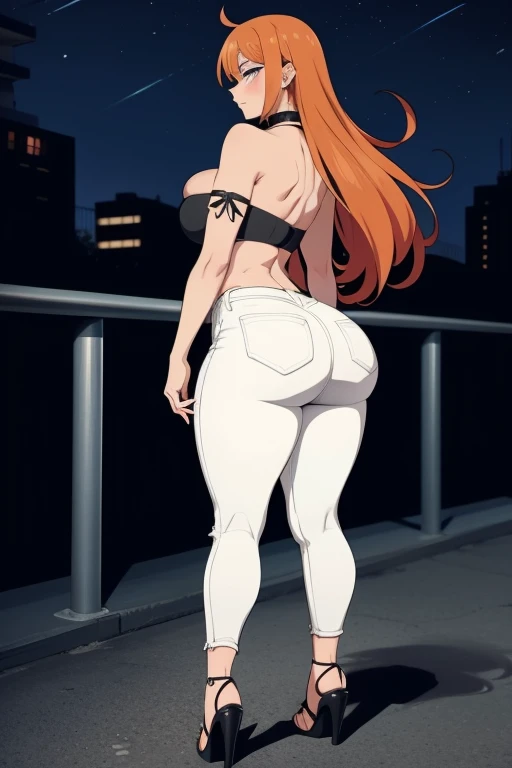 20 year old woman, busty, bubble butt, huge ass, round ass hourglass figure, skinny, blushing, panicked expression, horny, seductive, ginger hair, long hair, messy hair, wearing wearing tight white tube top, white jeans, choker, high heels, tight fitting clothing, cleavage, middrift, anime, city at night, outside, punk, punk style, punk hair, doujin style, manga, flat colours, 2d manga, strapless, bare arms, bare shoulders, ass focus