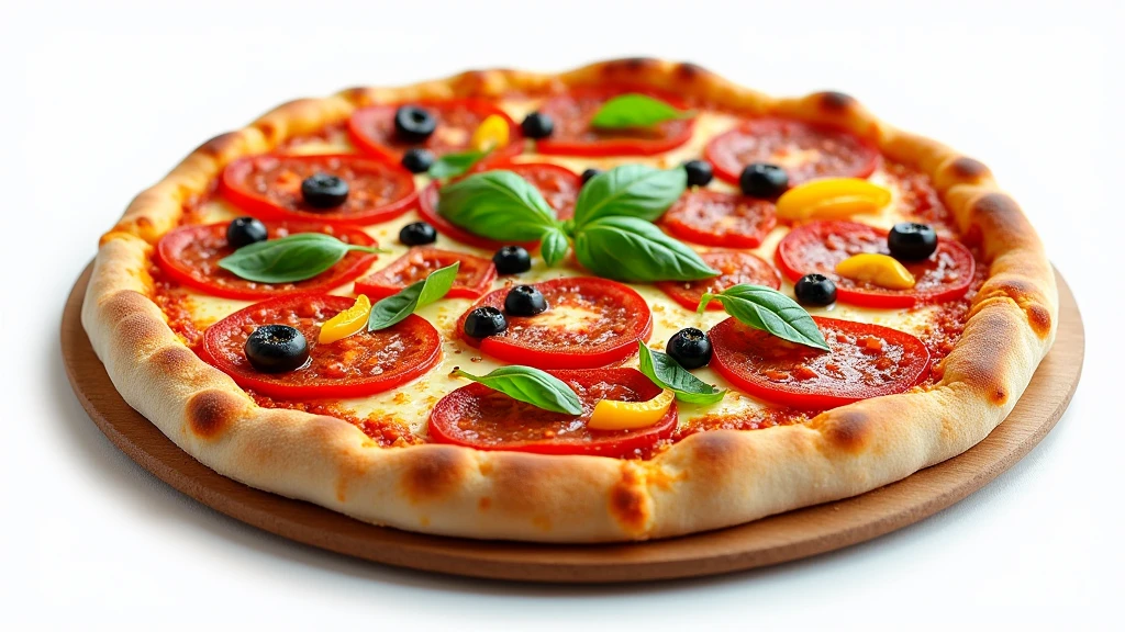 : A freshly baked pizza with crisp crust, colorful vegetables, and pepperoni placed on a pure white surface. 8k  