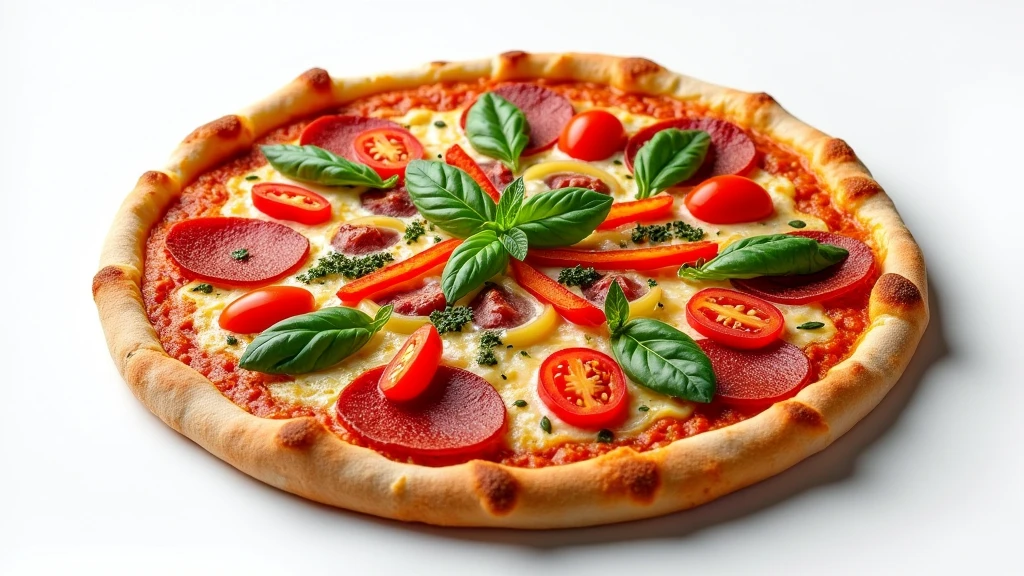 : A freshly baked pizza with crisp crust, colorful vegetables, and pepperoni placed on a pure white surface. 8k  