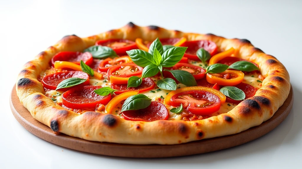 : A freshly baked pizza with crisp crust, colorful vegetables, and pepperoni placed on a pure white surface. 8k