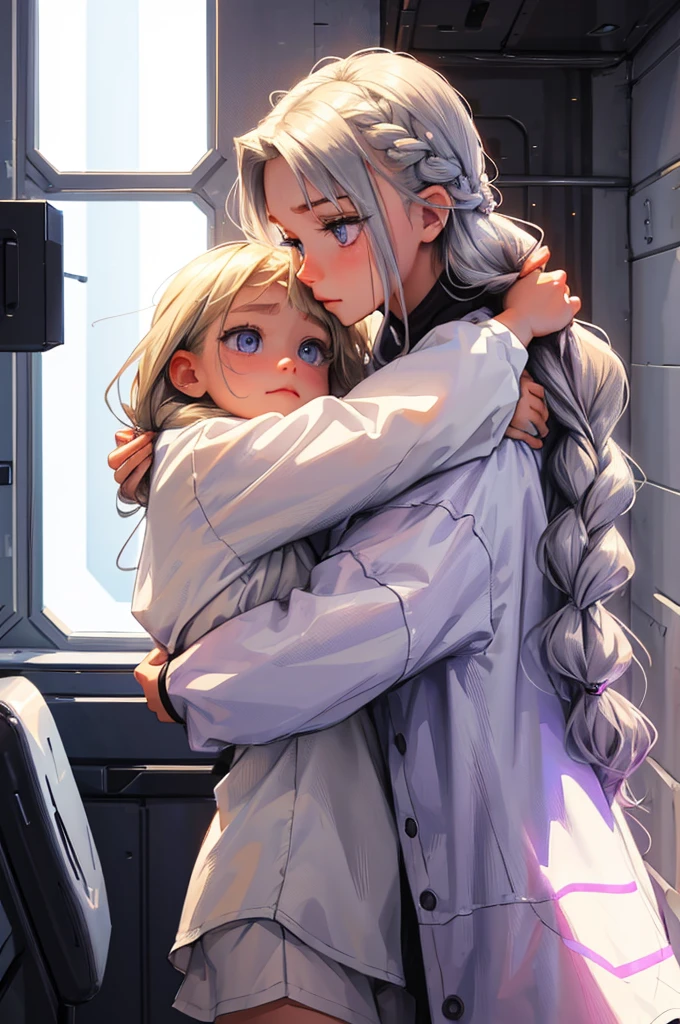 emotional, cute, sisterly love, bege and white clothing, futuristic, inside a bunker, two females hug, the taller one is a female with braided silver hair and purple eyes, the one (childa female child withde hair and blue eyes.