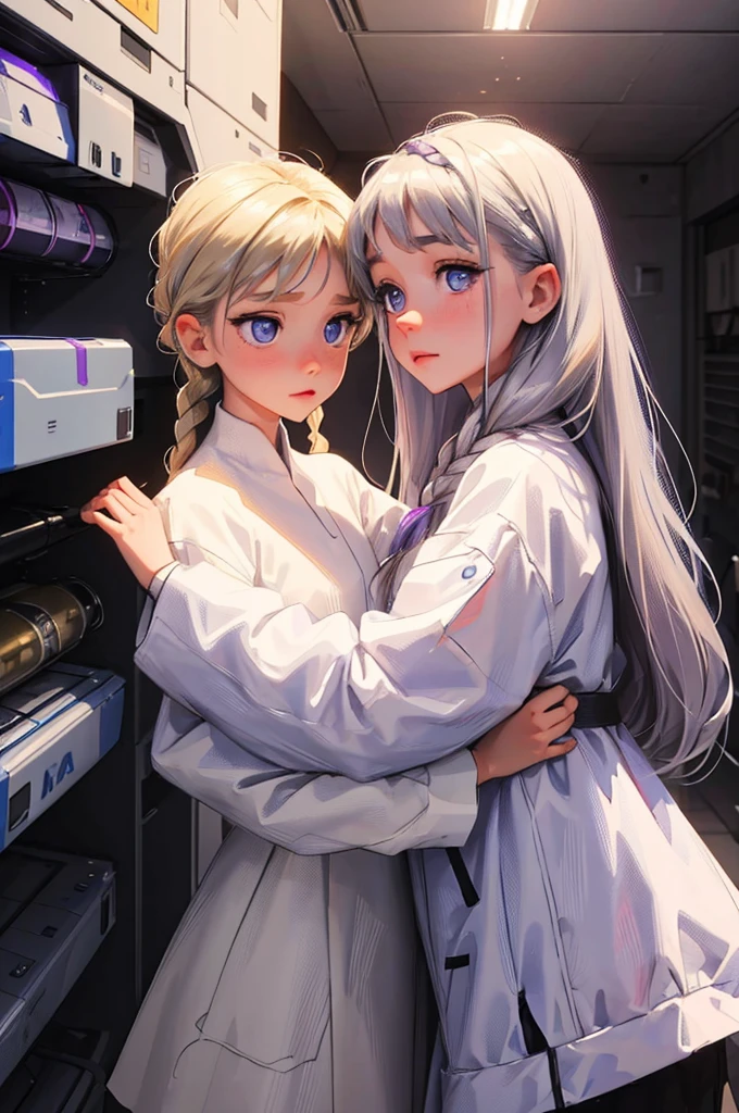 emotional, cute, sisterly love, bege and white clothing, futuristic, inside a bunker, two females hug, the taller one is a female with braided silver hair and purple eyes, the small one (child) is a female child with blonde hair and blue eyes.