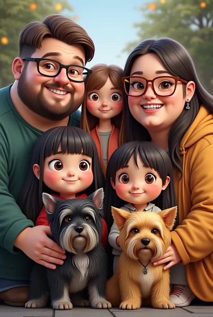 A chubby man with a beard and medium length hair and black glasses, a chubby woman with braces on her teeth , golden glasses with shoulder length hair.
A chubby girl with long hair and a mole near her mouth, another thin girl with hair below her shoulders and another small girl with Chanel hair with bangs and a hot Yorkshire dog with black and gray fur and another Yorkshire dog with yellow fur 