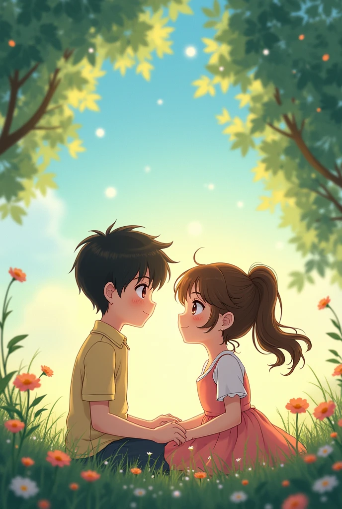 A boy and girl fall in love anime character and lovely background  for youtube thumbnail  size 
