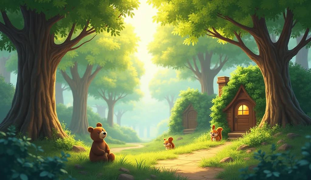 Image: A peaceful forest with tall trees, sunlight filtering through the leaves, showing Bear and Squirrel's homes in the background.