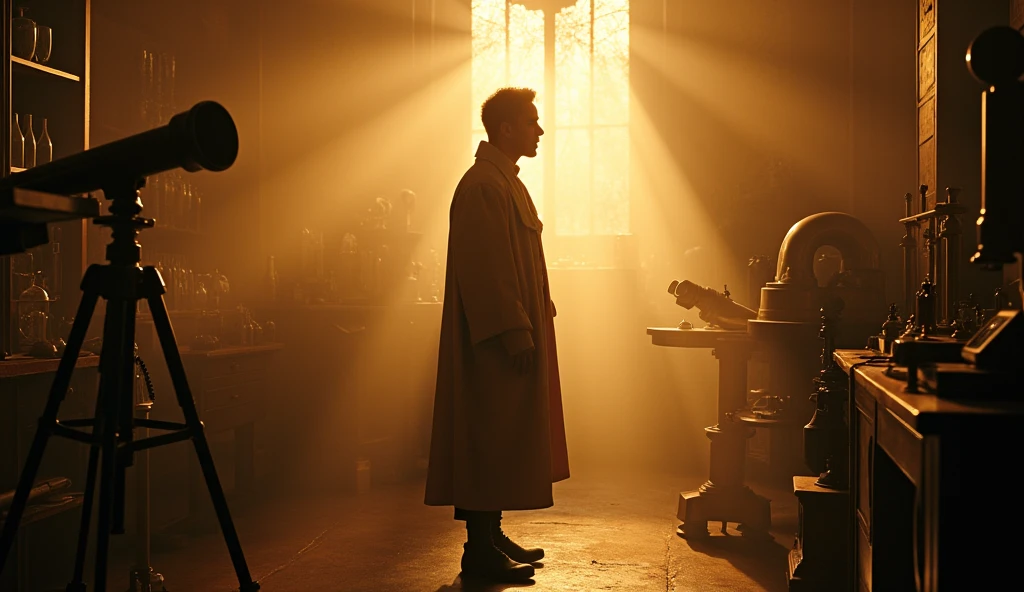 A dramatic scene of an Enlightenment thinker surrounded by early scientific instruments, like telescopes and microscopes. The room is bathed in soft, golden light, reflecting a moment of discovery and intellectual awakening. --ar 16:9