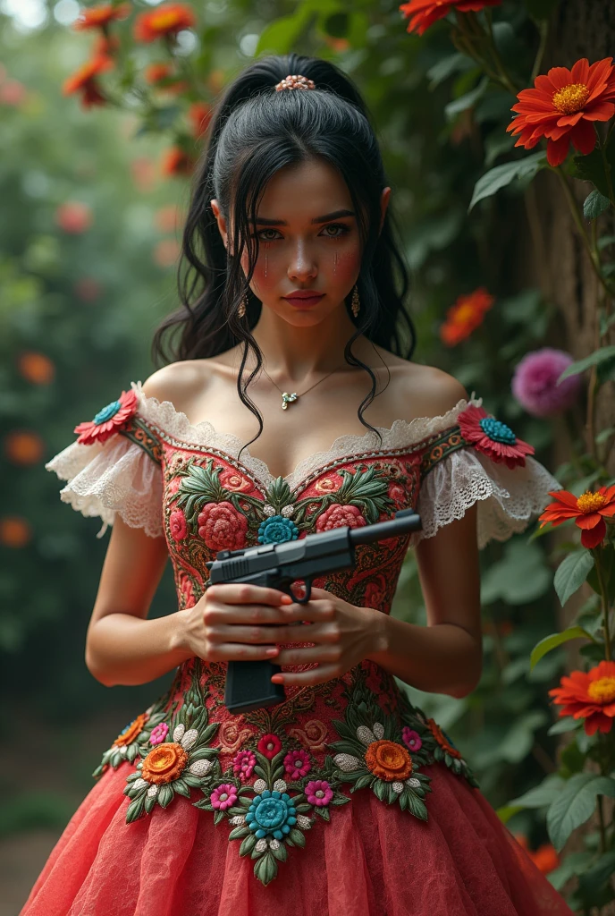 Chola crying in a Mexican style wedding dress with a gun
