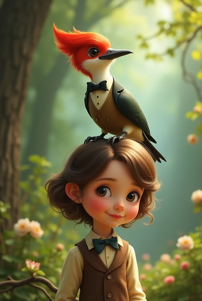Woodpecker sir on the girl's shoulder