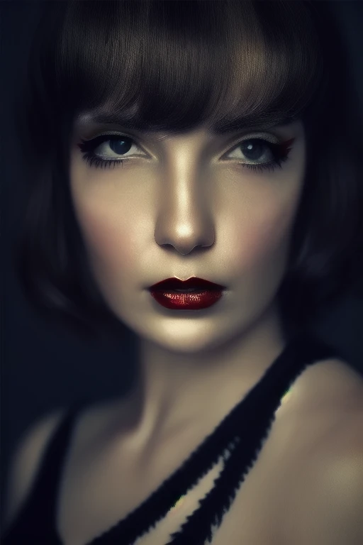 Photo film noir style, Maginifique, 1fille, Seulement, demi-corps, Dramatic lighting, pale skin, ((rich color)), high contrast, ombres dramatiques, flapper 20s style, Mysterious, cinematic, Bright red lips (((Only lips red))), (looking at the viewer),
