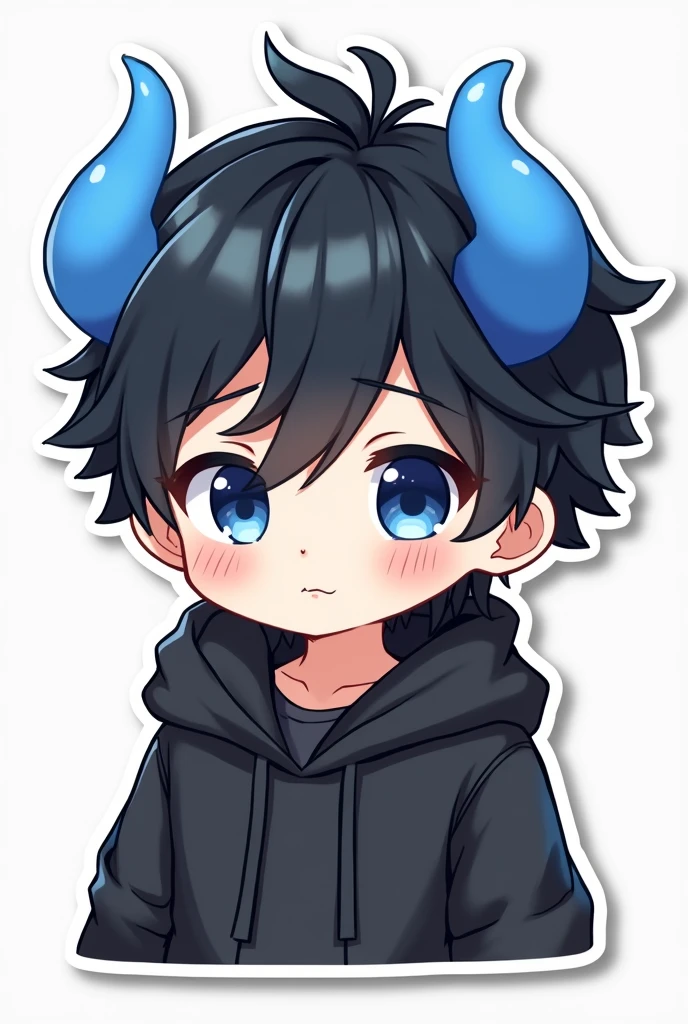 Sticker Cute Chibi Boy black hair blue eyes two blue horns with black hoodie