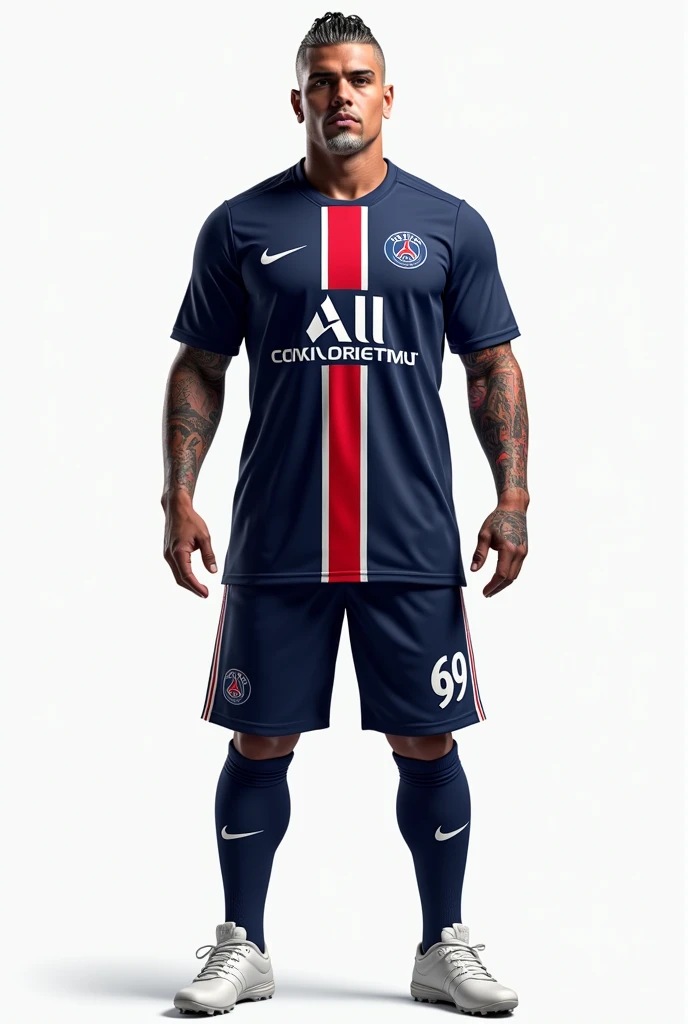 Young 2 sexy Rude gangster with black hair shaved on the sides with braids brown eyes thick lips athletic body masculine energy and sexy defined chin white trimmed beard colored tattoo marked biceps wears black colored man Muslim style, He wears the navy blue PSG uniform with a central red and white stripe., Navy blue shorts with the number 69 and white cleats. the background is white, He stands and brings his head to the shirt to kiss it, proudly kissing the team's shirt. 8k