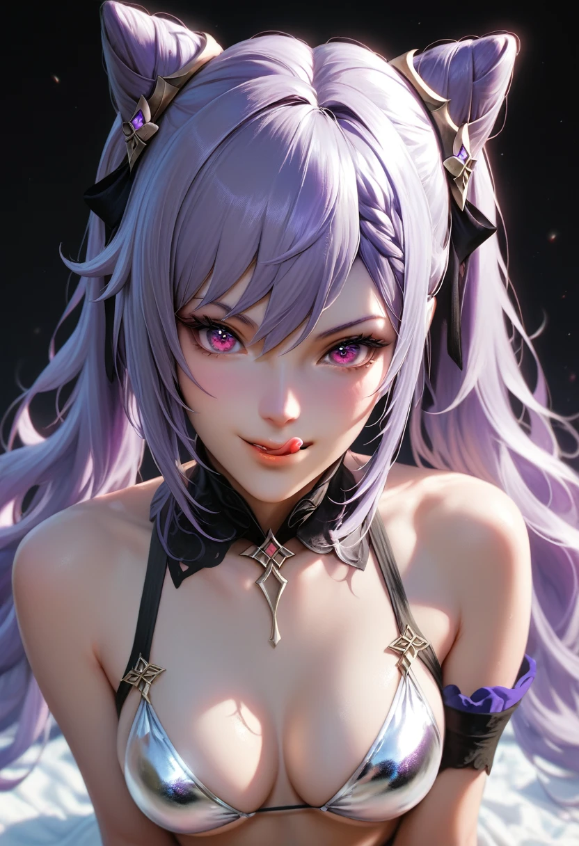 ((keqing from genshin impact)), long purple hair, big purple eyes, light blue metallic bikini, pinup style, sexy, submissive, minimalist, ((pov)), ((realistic)), ((licking lips)), minimalist, lonely, monochromatic color palette, soft lighting, ((submissive)), perfect tits, thin, ((solid black background)), ((looking at viewer)),

