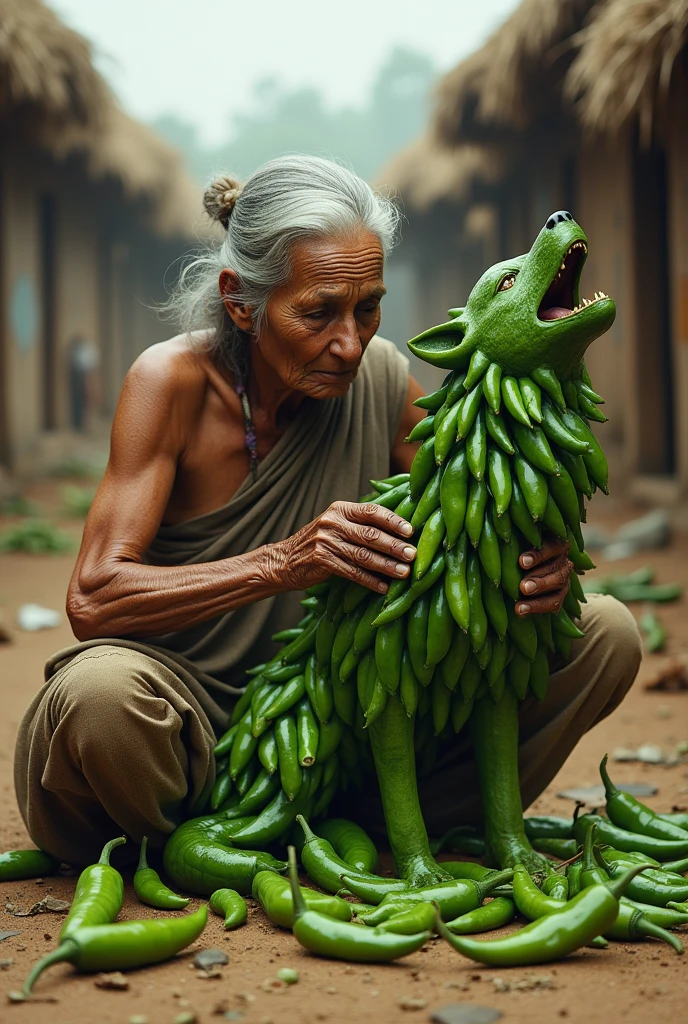 a poor old indian woman making a big wolf out of green chili