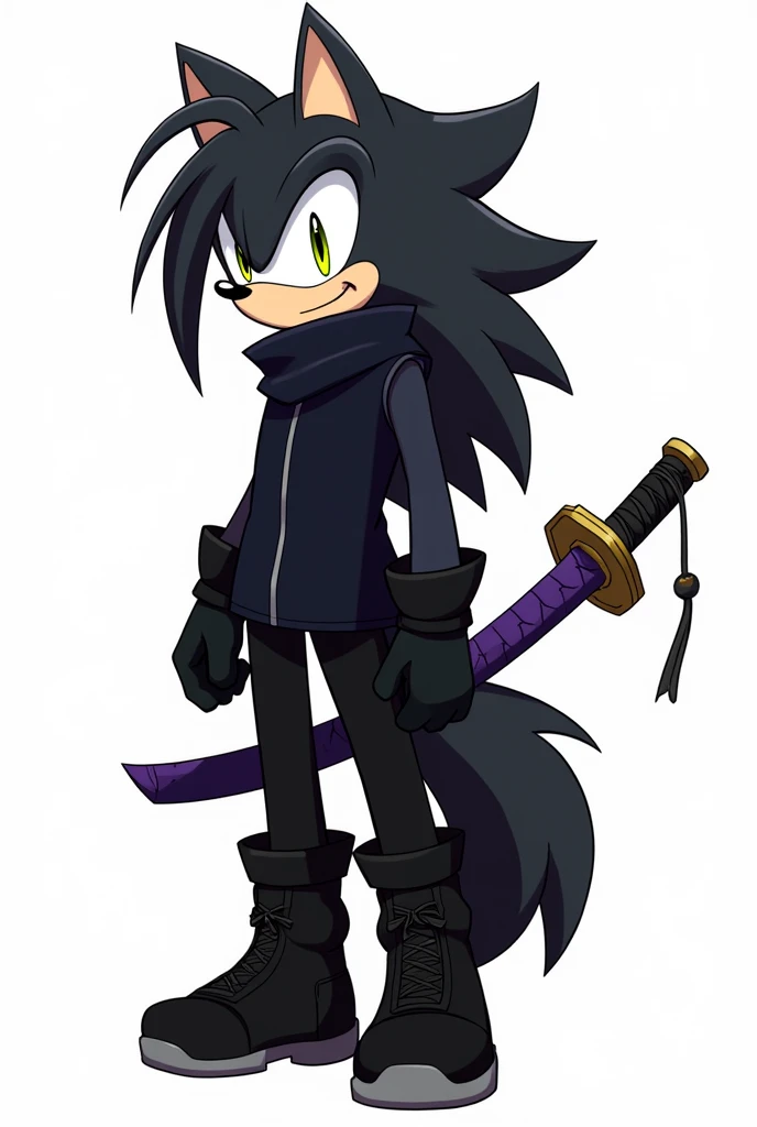 An anthropomorphic Sonic-style wolf with long, short black hair covering the left side of his eye a little and with a slightly large ponytail., with big yellow eyes, with black cold weather blouse with dark blue shirt, black pants and black men's boots, with black gloves, and with a purple sheathed Katana on his back.