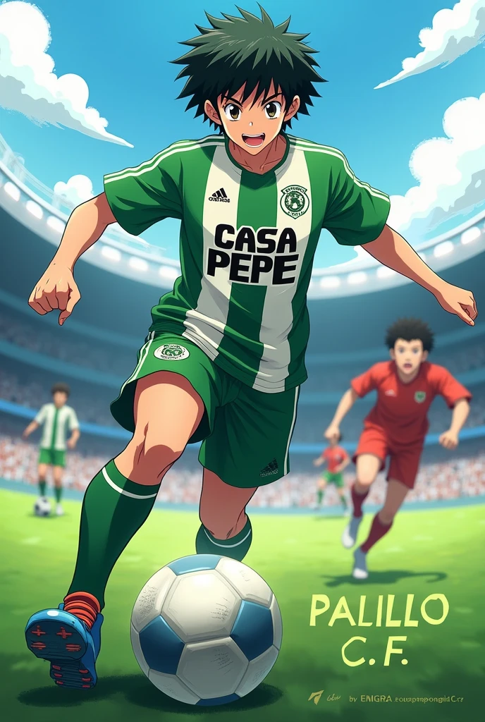 A 3D digital illustration of Tsubasa özora from the animated series. He wears a green and white vertical striped t-shirt and the text "Casa Pepe" appears in bold black letters on the t-shirt. Oliver Aton runs across the soccer field with the ball on his foot. Below appears the text "Palillo C.F" in large