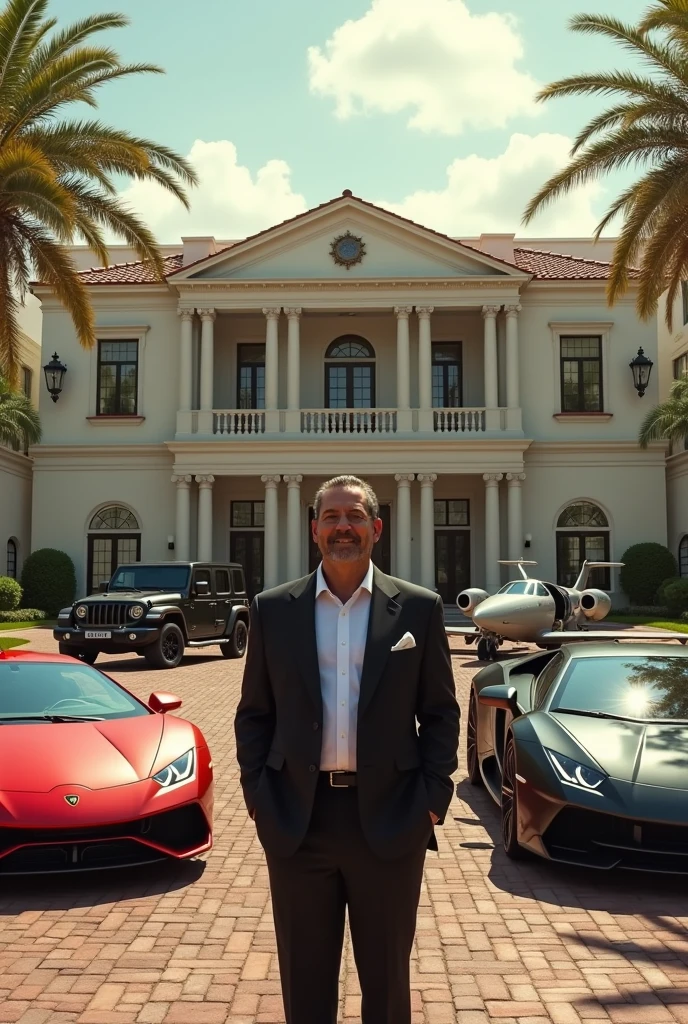 A 2 man
stand on his billion dollar property with is family.
And his side one Lamborghini Aventador, Mahindra Thar, Lamborghini urush, and private jet and 100 servant are present